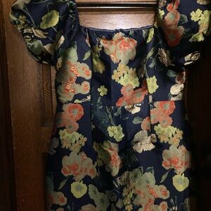 Navy blue floral Jacquard puff sleeve mini dress